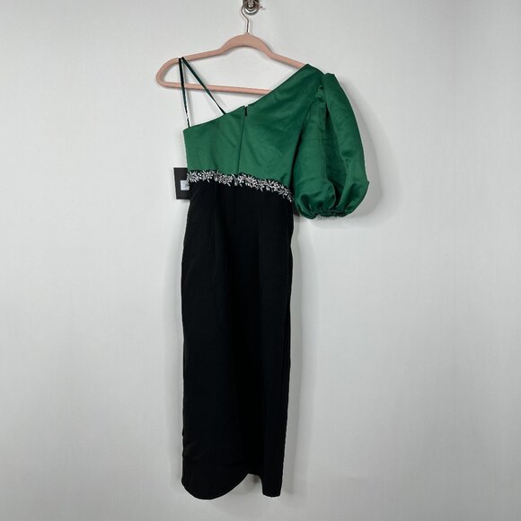 NWT Mac Duggal Two-Tone One Shoulder Embellished Midi Dress Black Verde #A0100 - Picture 2 of 5